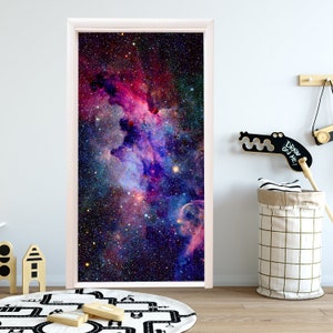 Rainbow Galaxy Door Decal for Boy Girl Nursery, Space Universe Vinyl Sticker Removable, Stars Sticker Peel & Stick Self-adhesive Wrap  RD106
