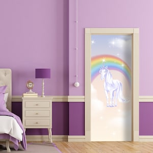 Unicorn Door Decal Nursery Girl, Unicorn Themed  Mural  Sticker Door, Fridge Sticker Peel & Stick Cover, Self-adhesive Wrap Door RD296