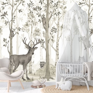 Carta da parati con animali della foresta per camera da letto per ragazzo o ragazza Cervo Bambino Nursery Wall Mural, Woodland Accent Wallcovering Autoadesivo Kids Gameroom VO35