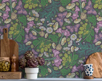 Vintage botanical wallpaper peel and stick, wildflower green botanical wallpaper for kitchen decor, floral wallpaper farmhouse decor