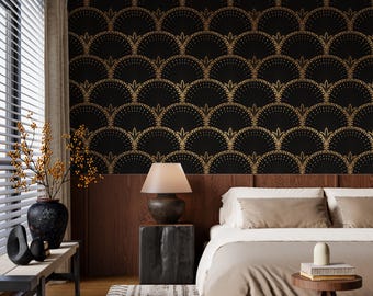 Art deco wallpaper Black and Gold, Elegant accent wallpaper Peel and Stick Vintage style, Modern Bedroom wallpaper Removable