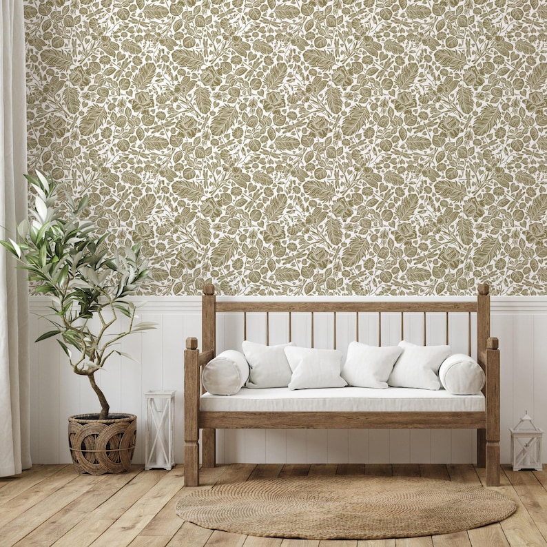 Botanical Wallpaper Olive Green, Leaf Wallpaper Peel and Stick Perfect ...