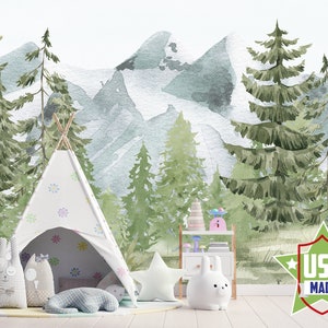 Carta da parati acquerello con foresta di pini per la cameretta del neonato, decorazione murale per la cameretta dei bambini nel bosco neutro, adesivo per camera da letto con carta da parati pastello VO1