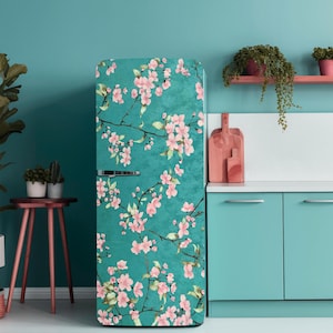 Floral Fridge Wrap, Peel and Stick Vinyl Refrigerator Decal with Cherry Blossom, Chinoiserie Kitchen Decor, Refrigerator Wrap