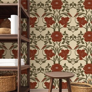 May include: Wallpaper with a repeating floral pattern featuring large, stylized red flowers and green vines on a cream background. The design is reminiscent of Art Nouveau style. A wooden shelf and stool are in the foreground.