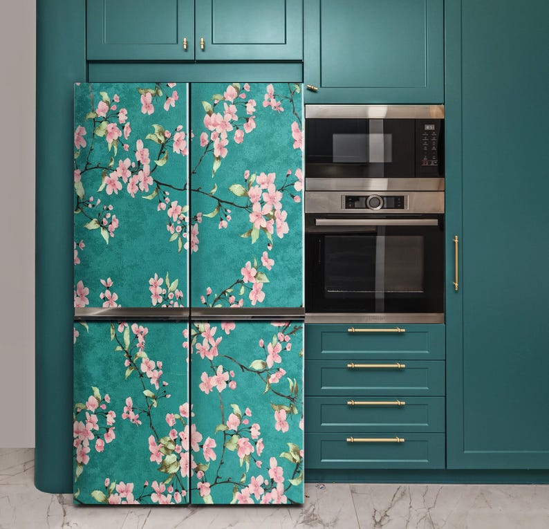 Floral Fridge Wrap, Peel and Stick Vinyl Refrigerator Decal With Cherry ...