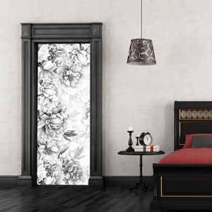 Grey Peony Flower Door Cover, Floral Print Stickers Peonies Sticker Peel & Stick Removable Door Mural Front Door Bedroom Kichen Bathroom RD2