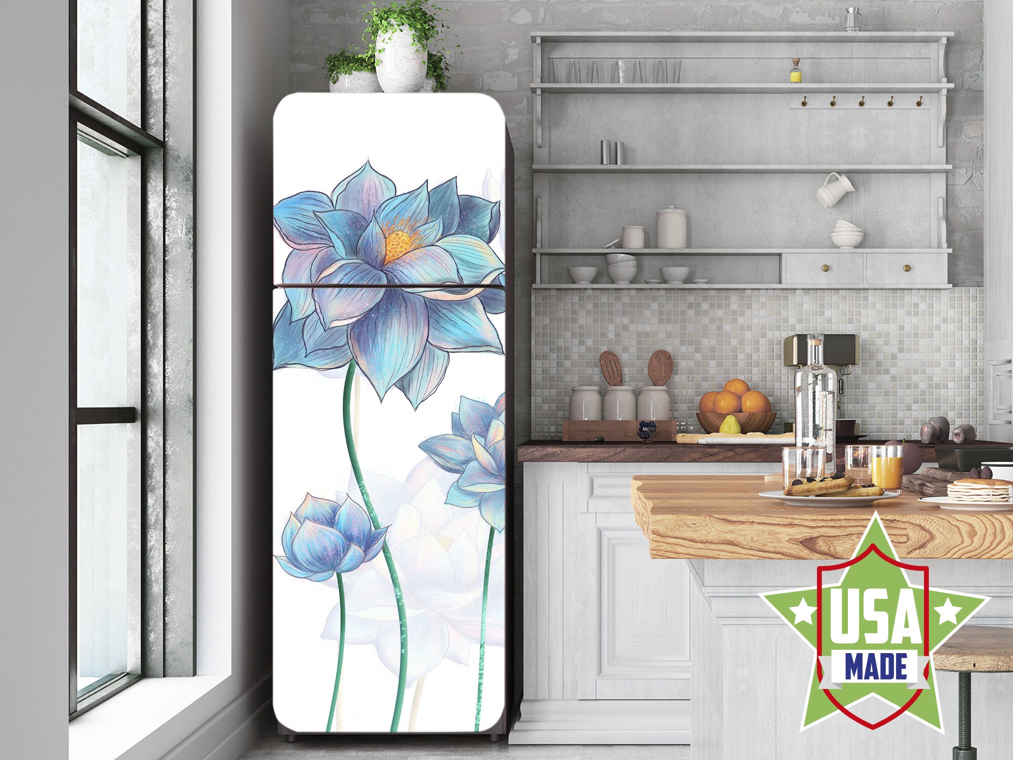 Blue Floral Fridge Wrap, Art Refrigerator Vinyl Sticker, Peel & Stick Fridge  Cover, Removable Decal Dishwasher Kitchen Furniture Decor RD55 