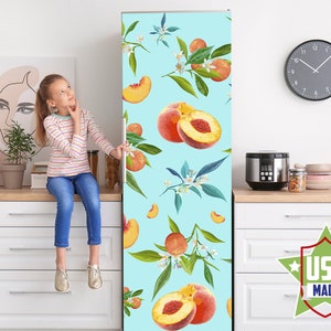 Apricots Decal for Fridge, Blue Watercolor Fruits Fridge Cover Peel and Stick, Self Adhesive Refrigerator Wrap, Modern Kitchen Decor RD109