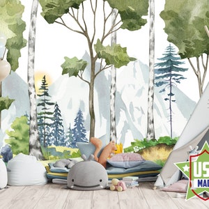 Carta da parati di montagna ad acquerello per la cameretta dei bambini, ragazzo e ragazza, decorazione murale con foresta di betulle, carta da parati adesiva per sala giochi VO12