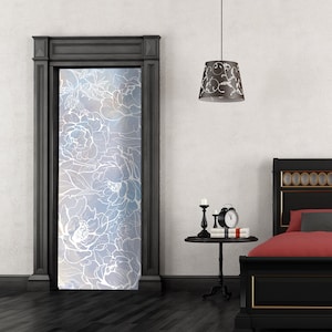 Peonies Stained Glass Door Mural, Blue Peony Flower Fridge Sticker Peel and Stick Cover Self-adhesive Decal Wrap Door Mural Front Door RD20
