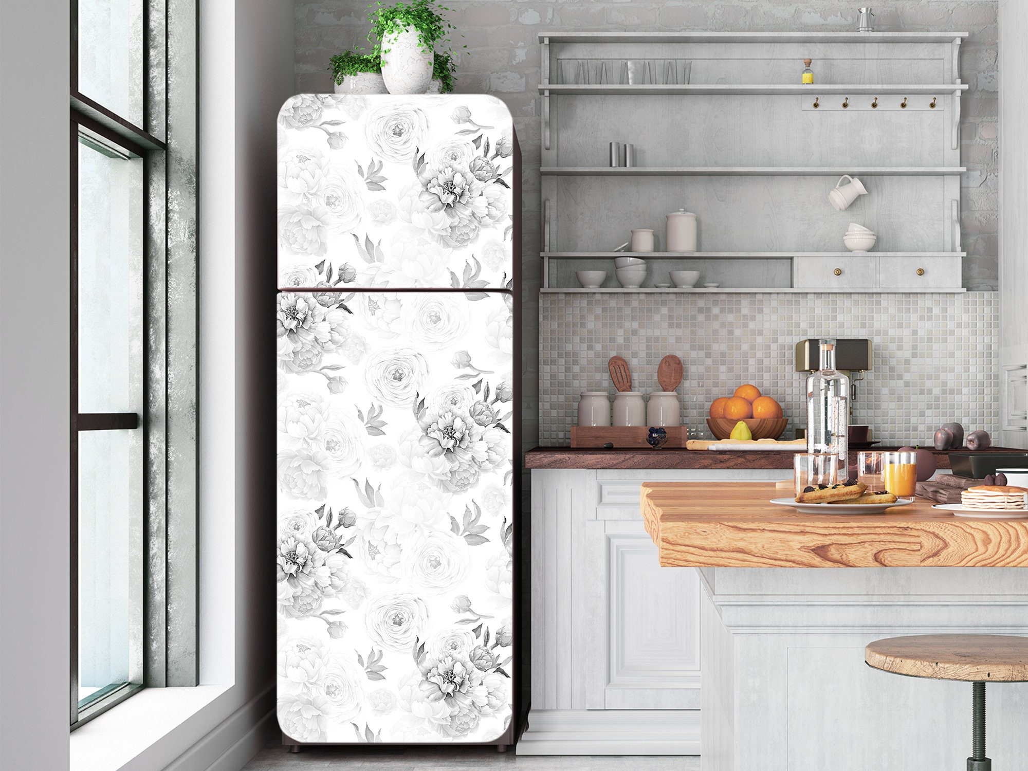 Gray Flowers Decal Fridge Peonies Floral Wall Fridge Etsy