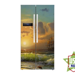 Seascape Decal   Fridge Refrigerator Cover  Wall Fridge Stickers Peel  Stick, Self Adhesive Sticker Fridge Wrap, Modern Kitchen  RD270