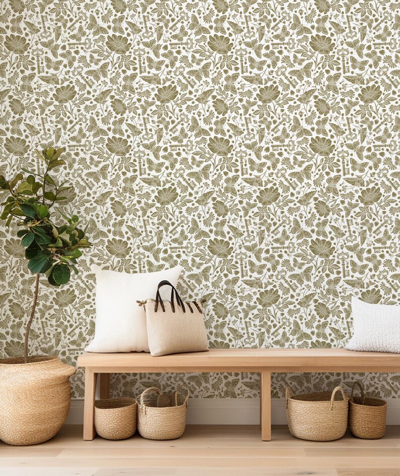 Olive Green Floral Wallpaper, Laundry Room Wallpaper Botanical Vintage ...
