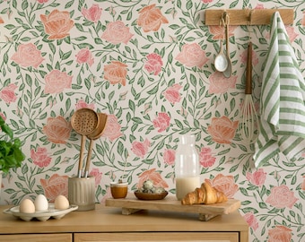 Vintage Rose Wallpaper Pink and Green, Floral Botanical Peel and Stick Wallpaper, Vintage Flower Wall Mural, Cottagecore Kitchen or Bedroom
