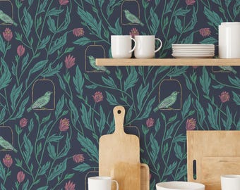 Chinoiserie Wallpaper Navy and Green for Vintage Kitchen Decor, Botanical Wallpaper for your DIY Projects, Bird and Flower Wall Mural
