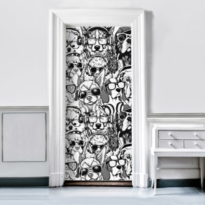 Pop Art Dog Sticker Door Nursery, Graffity Dogs Decor Kids Room, Abstract Mural Removable Front Doors, Bedroom Adhesive Decal Wrap RD418