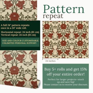 May include: Wallpaper roll with a repeating floral pattern in burgundy and olive green on a cream background. The pattern repeats every 24 inches. Text on the image reads "Pattern repeat" and "Buy 5+ rolls and get 15% off your entire order!"