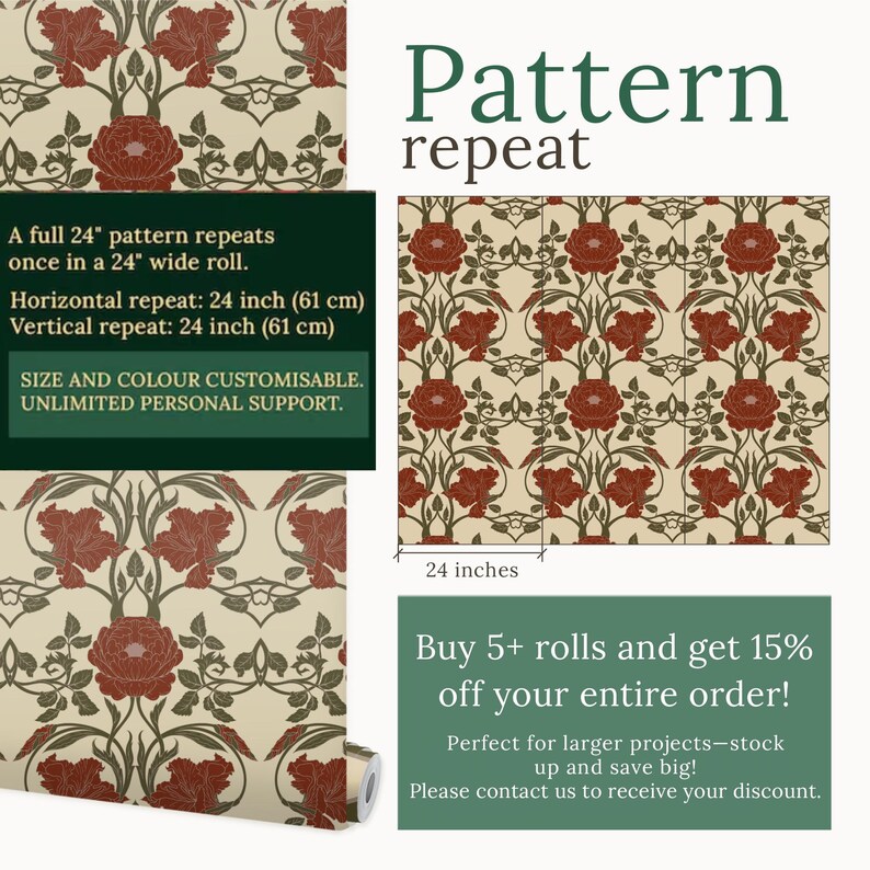 May include: Wallpaper roll with a repeating floral pattern in burgundy and olive green on a cream background. The pattern repeats every 24 inches. Text on the image reads "Pattern repeat" and "Buy 5+ rolls and get 15% off your entire order!"