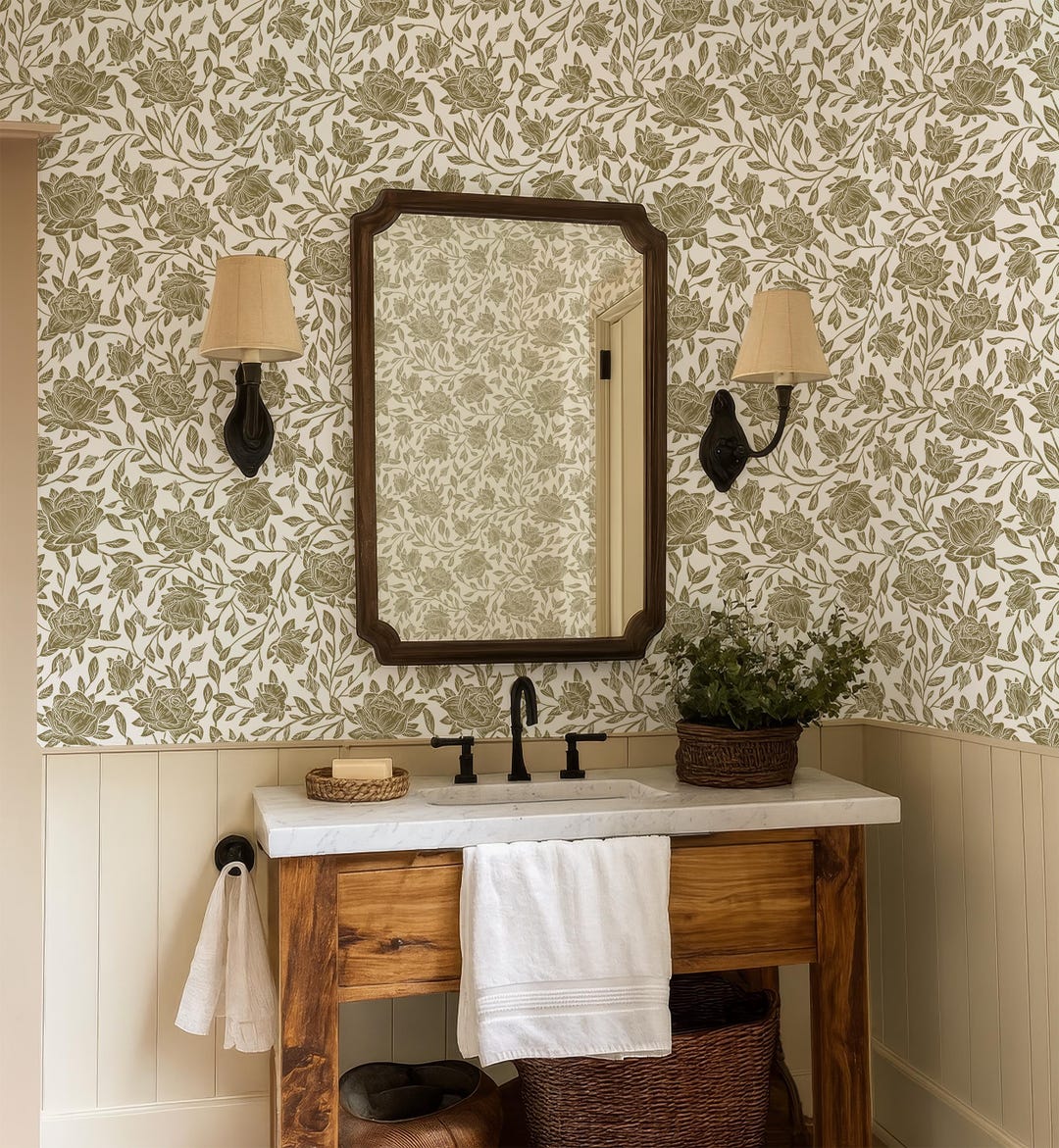 Vintage Rose Wallpaper, Olive Green Botanical Wallpaper Peel and Stick ...