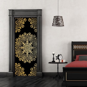 Gold Metallic Mandala For Door, Half Mandala Wall Fridge Stickers, Peel and Stick Self Adhesive Sticker, Wrap Door Mural Front Door RD38