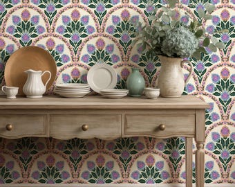 Art Nouveau Wallpaper Purple Floral, William Morris Style Bedroom Decor, Green Purple Botanical Wallpaper for Art Nouveau Decor