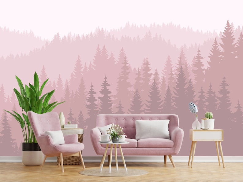 Soft Pink Forest Wallpaper for Baby Girl Nursery Mountain Etsy