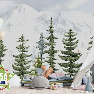 Aquarelle Forest Mountain Papier peint pour bébé garçon Fille Chambre, Woodland Neutral Nursery Mur Mural Pastel Papier Peint Chambre Auto Adhésif VO15