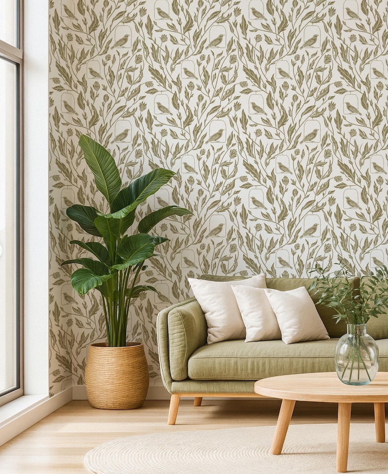 Rustic Botanical Wallpaper, Olive Green Vintage Bird Floral Wallpaper ...