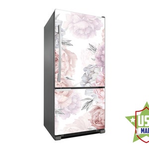 Pink and White Peonies Decal Fridge, Peony Flower Wall Fridge Stickers, Peel & Stick Self Adhesive Sticker Fridge Wrap, Kitchen Decor RD321