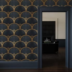 Art deco wallpaper Dark Navy, Bathroom wallpaper Modern Peel and Stick Vintage style, Luxury Wall Mural Removable, Accent Wall