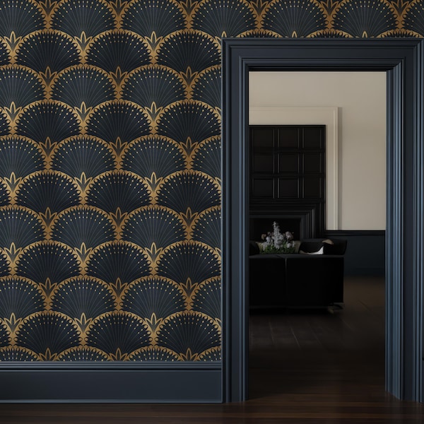 Art deco wallpaper Dark Navy, Bathroom wallpaper Modern Peel and Stick Vintage style, Luxury Wall Mural Removable, Accent Wall