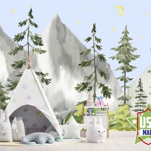 Acquerello Mountain and Pine Forest Wallpaper per vivaio, Acccent Woodland Wall Mural per Toddler Room, Blue Self Adhesive Peel & Stick VO8