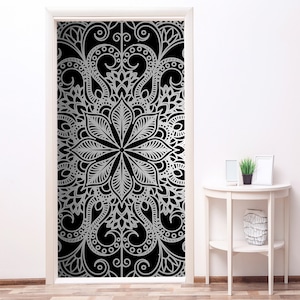 Silber Metallic Mandala für Tür, halbes Mandala-Wand-Kühlschrank-Aufkleber, Schälen und aufkleben selbstklebender Aufkleber, Tür/Wandbild Haustür RD79