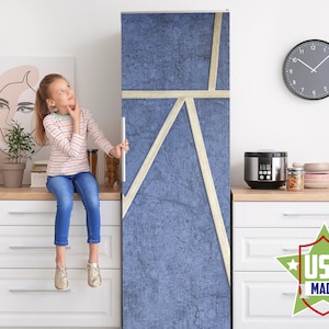 Blue Geometric Print  Refrigerator Decal , triangles Print Fridge Sticker Peel and Stick Cover Self-adhesive Decal Wrap Kitchen Decor RD310