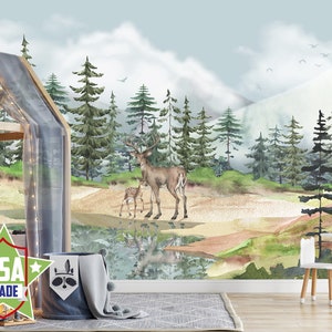 Carta da parati della foresta di cervi per la stanza della ragazza del bambino, murale della parete della scuola materna degli animali del bosco, carta da parati ad acquerello Sala giochi autoadesiva VO27