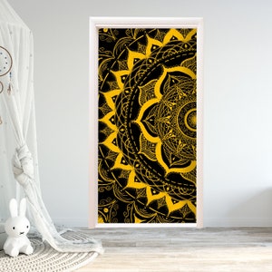 Black  Mandala Door Mural, Damask Pattern Window Door Decal Wall Fridge Sticker Peel & Stick Cover Self-adhesive Wrap Mural Front Door RD37