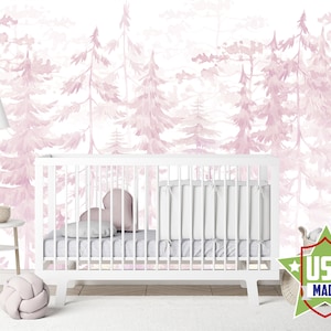 Zacht roze bosbehang voor baby meisje kamer, aquarel woodland peuter kwekerij muurschildering verwijderen, pastel behang slaapkamer zelfklevende VO16