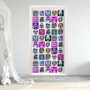 Pop Art Dog Sticker Door Nursery, Graffity Dogs Decor Kids Room, Abstract Mural Removable Front Doors, Bedroom Adhesive Decal Wrap RD415