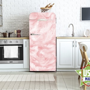 Pink Feathers Fridge Wrap, Refrigerator Vinyl Cover Peel and Stick, Self Adhesive Sticker Fridge, Modern Decal for Kitchen Furniture  RD133