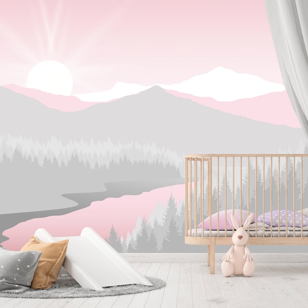 Pink and Grey Nursery Mountain Wallpaper for Baby Girl Nursery, Mountain Wall Mural Removable for Toddler Play Room,  Self Adhesive VO44