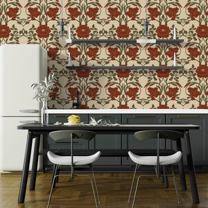 May include: A kitchen scene featuring a black table and chairs, a white refrigerator, and a floral wallpaper with red roses and green leaves. The wallpaper adds a vintage touch to the modern kitchen design.