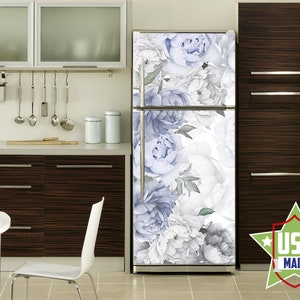 Gently Blue Peony Flower Decal Fridge, Peonies Floral Wall Fridge Stickers, Peel & Stick Self Adhesive Sticker Fridge Wrap Retro RD244