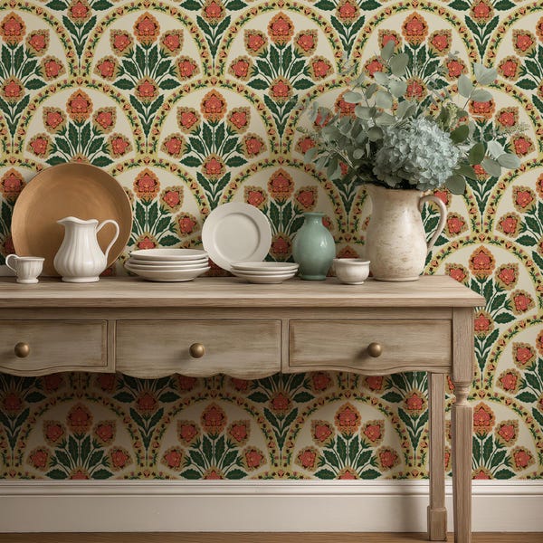 Blommig tapet i mexikansk stil, retro tapet orange och grön, retro köksväggdekor, färgglada abstrakta blommor mexikansk tapet