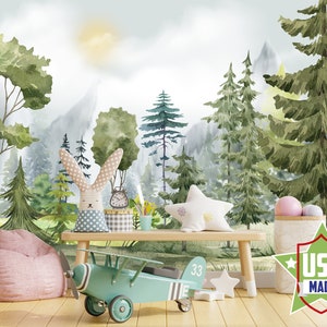 Carta da parati con montagne ad acquerello per la cameretta dei bambini, decorazione murale con foresta in accento per la cameretta dei bambini, carta da parati per boschi autoadesiva stacca e incolla VO11