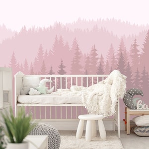 Carta da parati rosa tenue con foresta per cameretta delle bambine, murale rimovibile con montagna per la stanza dei giochi dei più piccoli, carta da parati autoadesiva pastello VO24