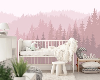 Papel tapiz de bosque rosa suave para habitación de niña, mural de pared de montaña extraíble para sala de juegos infantil, papel tapiz pastel autoadhesivo VO24