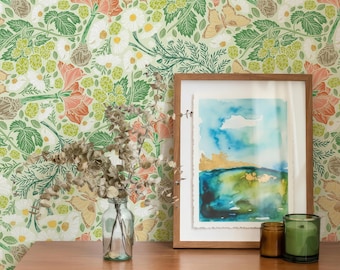 Botanical wallpaper Peel and Stick farmhouse decor, green floral wallpaper wildflower wall mural, vintage kitchen wallpaper Removable