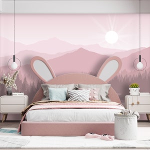 Carta da parati murale con foresta rosa nel bosco Carta da parati per camera da letto della ragazza per la cameretta dei bambini per la stanza dei giochi per bambini, Carta da parati pastello autoadesiva VO43