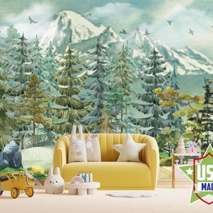 Carta da parati Green Forest per asilo nido, Murale a parete Acccent Mountains rimovibile, carta da parati a tema Woodland Self Adhesive Peel & Stick VO3